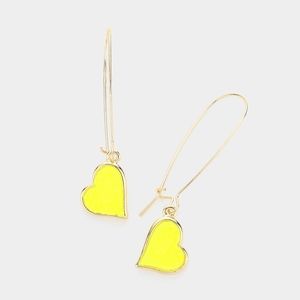 Yellow Heart Druzy Dangle Earrings 2.1" Drop Wire Simple Jewelry Stone Gold Love